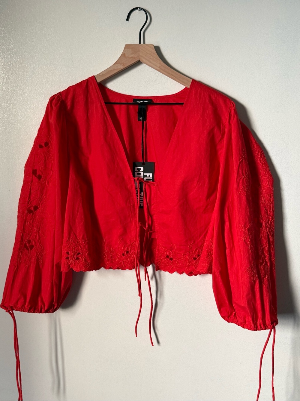 Red Orange Eyelet Tie-Front Cropped Blouse